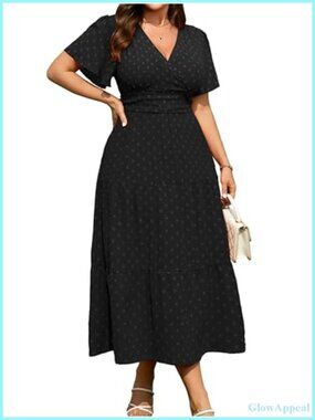Plus Size Wrap Maxi Dress, 100% Polyester, Short Sleeve, Semi Formal